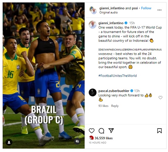 IG Infantino Presiden FIFA Gianni Infantino menyambut Piala Dunia U-17 2023 dengan antusias. (Foto: Instagram @gianni_infantino)