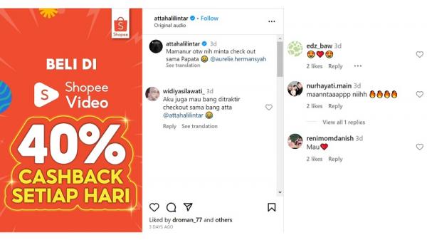 Shopee Atta Halilintar Capture postingan dan komentar di Instagram Atta Halilintar. (Foto: Ist)