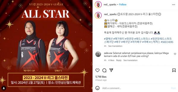 Instagram Daejeon Red Sparks Instagram Daejeon Red Sparks mengumumkan dua pemainnya, Megawati Hangestri Pertiwi dan Yoon Hye Sun, masuk Tim All Star Liga Voli Korea V-League 2023-2024. (Foto: Instagram @red__sparks)