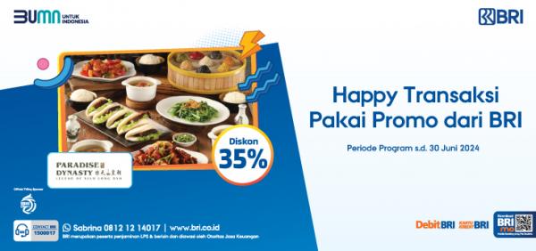 Promo BRI Paradise Dynasty Makan di Paradise Dynasty bisa dapat diskon hingga 35 persen dengan Kartu Kredit dan Kartu Debit BRI. (Foto: dok BRI)