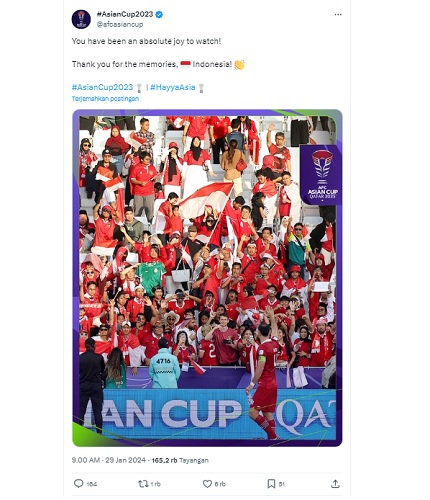Akun AFC memberi pesan hangat usai Timnas Indonesi Akun AFC memberi pesan hangat usai Timnas Indonesia tersingkir dari Piala Asia 2023. (Foto: X @afcasiancup)