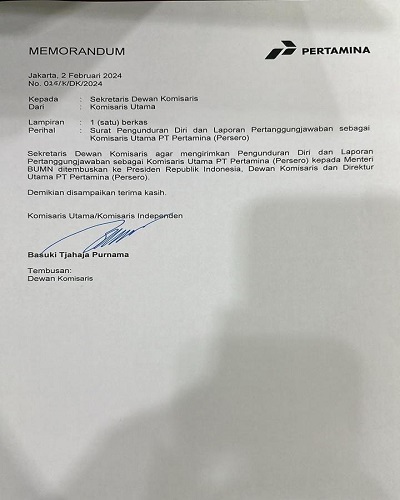 Surat pengunduran diri Basuki Tjahaja Purnama atau Ahok dari Komisaris Utama Pertamina. (Foto: Instagram @basukibtp)