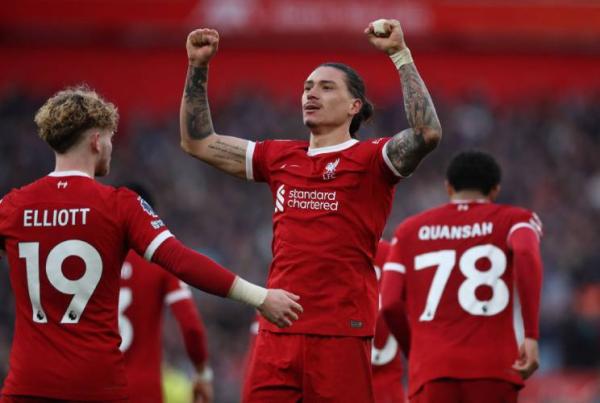 Liverpool Darwin Nunez Striker Liverpool Darwin Nunez merayakan golnya ke gawang Burnley pada pekan ke-24 Liga Inggris 2023-2024 di Stadion Anfield, Sabtu (10/2/2024). (Foto: Reuters)