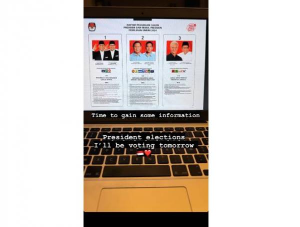 Sandy Walsh Pemilu Sandy Walsh mencari informasi tiga calon presiden RI sehari sebelum melakukan pemilihan di KBRI Brussels. (Foto: Instagram @sandywalsh)
