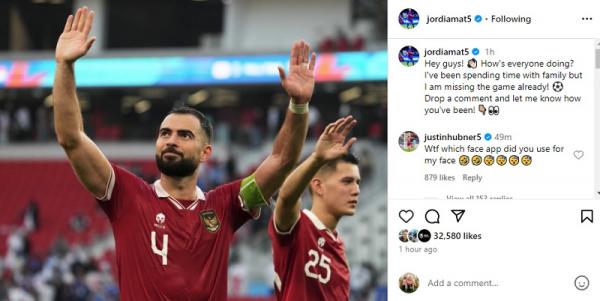 Jordi Amat menyapa fans Timnas Indonesia di media sosial. (Foto: Instagram @jordiamat5)