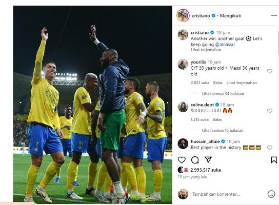 Cristiano Ronaldo mengirim pesan motivasi kepada rekan-rekannya di Al Nassr agar terus berjuang memburu titel. (Foto: Instagram @cristiano)