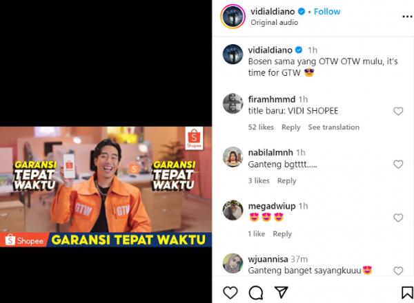 Warganet menyambut antusias aksi Vidi beserta suara merdunya di iklan Shopee Garansi Tepat Waktu. (Foto: Instagram/vidialdiano)