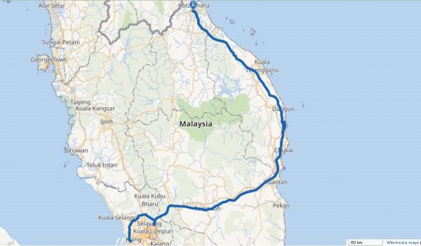 Jalur Kereta Api Malaysia Peta rute MRL East Coast Rail Link (ECRL), jalur kereta api yang menghubungkan pantai timur dan barat Semenanjung Malaysia. (Sumber: Wikimedia maps)