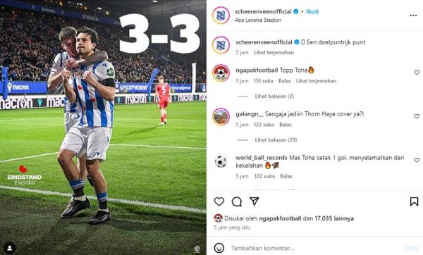 SC Heerenveen mengunggah selebrasi Thom Haye ke gawang FC Twente pada Liga Belanda 2023-2024, Kamis (4/4/2024) dini hari WIB. (Foto: @scheerenveenofficial)