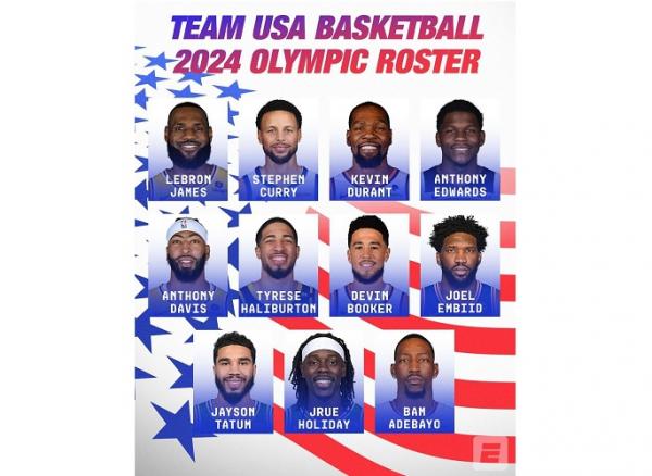 Daftar pemain tim bola basket Amerika Serikat Daftar pemain tim bola basket Amerika Serikat di Olimpiade Paris 2024. (Foto: Instagram @nbaonespn)
