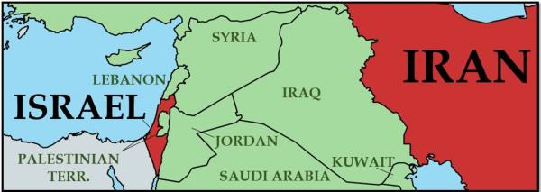 Peta Iran Israel Peta kawasan Timur Tengah yang menunjukkan wilayah Iran dan Israel (warna merah). (Grafis: The Iran Primer)