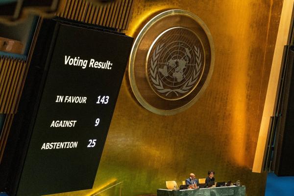 Hasil pemungutan suara Majelis Umum PBB yang mendukung Palestina menjadi anggota penuh PBB mencapai 143 suara dukungan, Jumat (10/5/2024). (Foto: Reuters)