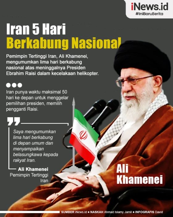 Infografis Iran Berkabung 5 David Ebrahim Raisi meninggal dunia akibat kecelakaan helikopter.