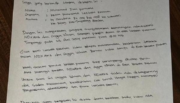 lentera festival Viral surat pernyataan panitia Lentera Festival belum melunasi NDX AKA dan Guyon Waton di media sosial. (Foto IG Lentera Festival).