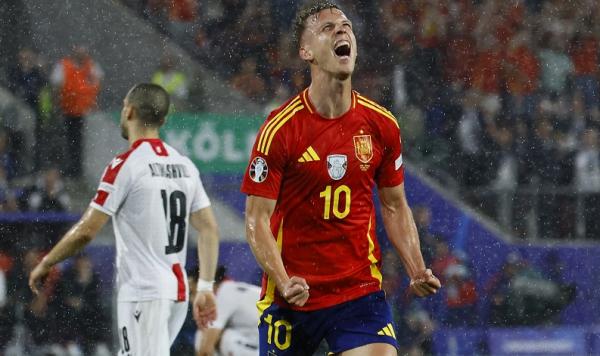 Dani Olmo Timnas Spanyol Vs Georgia Timnas Spanyol menang comeback atas Georgia pada 16 Besar Euro 2024 di Cologne Stadium, Senin (1/7/2024) dini hari WIB. (Foto: REUTERS)
