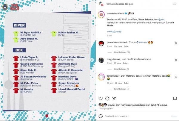 PSSI mengumumkan pemanggilan pemain untuk seleksi PSSI mengumumkan pemanggilan pemain untuk seleksi Timnas Indonesia U-17. (Foto: Instagram @PSSI)
