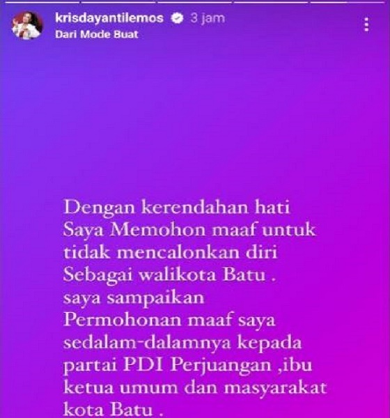Krisdayanti mundur Unggahan Krisdayanti mundur dari pencalonan di Pikada Kota Batu 2024. (Foto: IG)