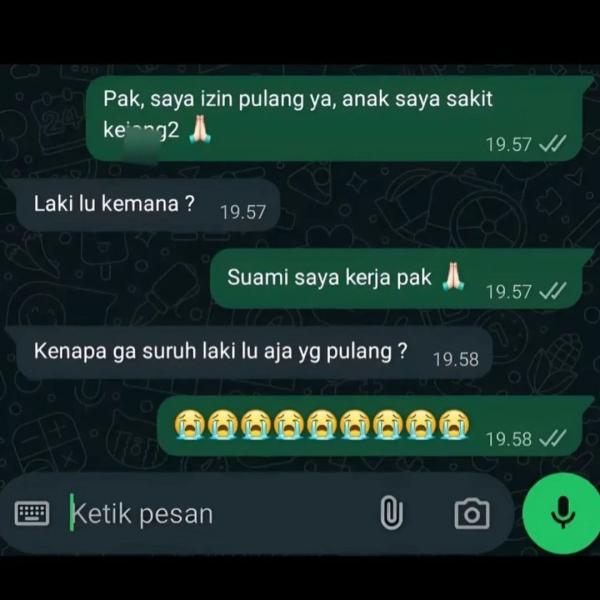 permintaan izin si ibu permintaan izin si ibu kepada atasannya agar bisa pulang, karena anaknya sakit.