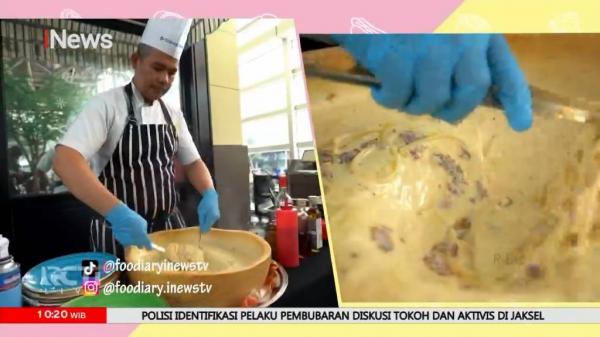 Penyajian pasta Food Diary: Penyajian pasta di cheese wheel yang menggugah selera. (Foto: iNews TV)