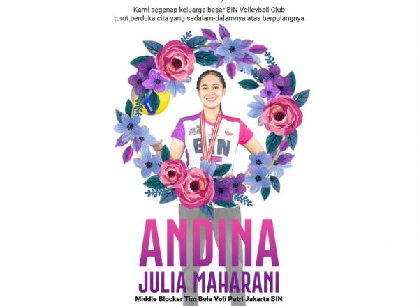 Andina meninggal dunia Kabar duka datang dari dunia voli Indonesia. Pemain muda Andina Julia Maharani meninggal dunia. (foto: Instagram/Jakarta BIN)
