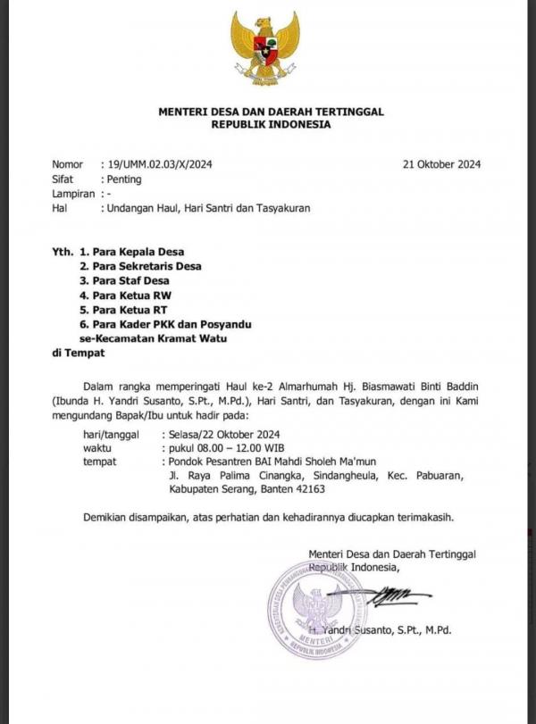 Viral Surat Undangan Mendes Yandri Viral surat undangan Menteri Desa dan Daerah Tertinggal Yandri Susanto kepada perangkat desa untuk menghadiri haul almarhumah ibunya. (Foto: Istimewa)