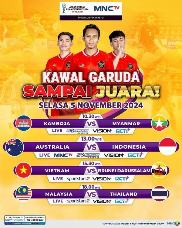 Timnas futsal Indonesia akan menghadapi Australia pada lanjutan Piala AFF Futsal 2024, Selasa (5/11/2024) pukul 13.00 WIB. (Foto: MNCTV)