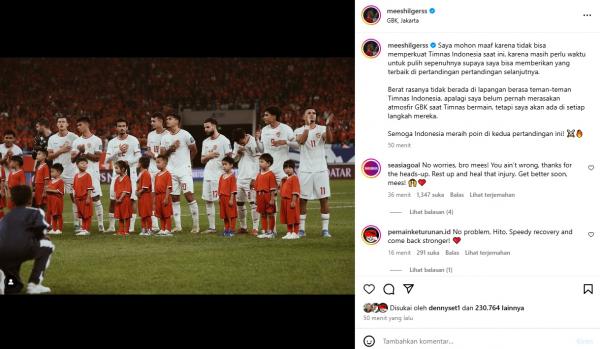 Mees Hilgers mengutarakan isi hatinya usai tak bisa membela Timnas Indonesia vs Jepang dan Arab Saudi. (Foto: Instagram Mees Hilgers)