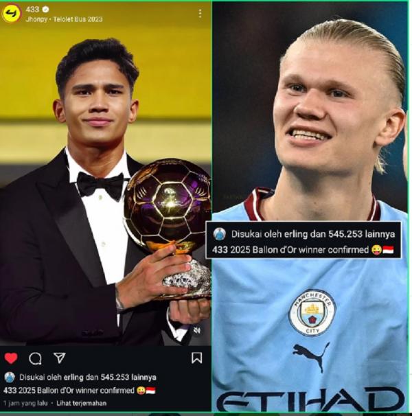 Media asing memajang foto Marselino Ferdinan meraih Ballon dOr. Mengejutkannya striker Manchester City Erling Haaland bereaksi. (Foto: 433)
