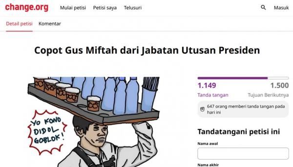 Petisi bertajuk `Copot Gus Miftah dari Jabatan Utusan Presiden`. (Foto: Change.org)
