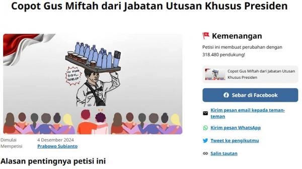 Petisi Gus Miftah Ditutup Petisi Copot Gus Miftah dari Jabatan Utusan Khusus Presiden ditutup dengan 318.480 tanda tangan. (Foto: Change.org)