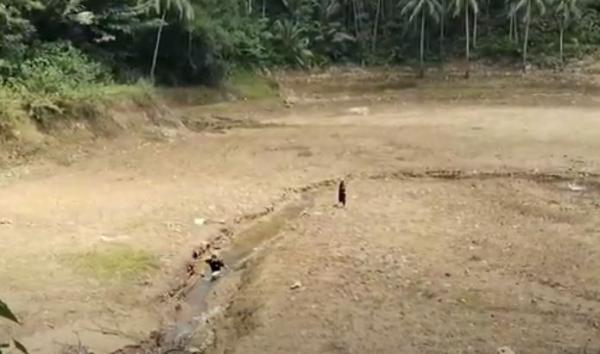 Telaga Blembeng di Desa Watukelir, Kebumen mendadak mengering. Fenomena aneh itu membuat panik warga. (Foto: iNews)