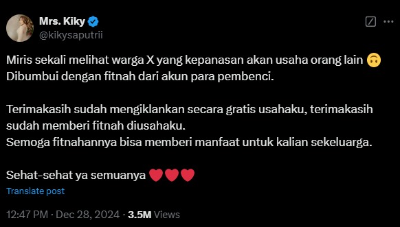 Pernyataan Kiky Saputri di X Pernyataan Kiky Saputri di X. (Foto: X)