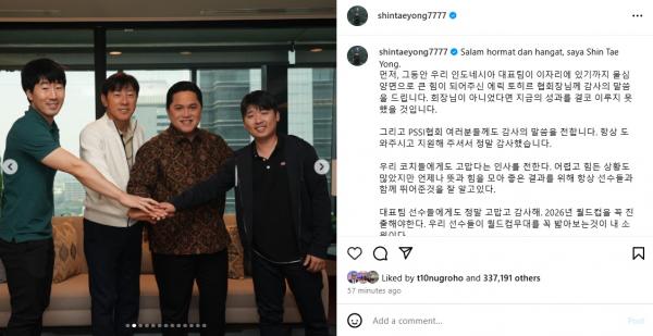 Shin Tae-yong menuturkan ucapan terima kasih kepada banyak pihak usai diberhentikan dari posisi pelatih Timnas Indonesia. (Foto: Instagram @shintaeyong7777)