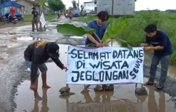 Warga Pagerbarang menanam pohon pisang di lubang jalan raya Pagerbarang-Margasari-Jatibarang, Senin (20/1/2025). (Foto: iNews)