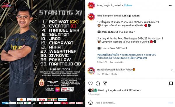 Pratama Arhan menjadi starter saat Bangkok United Pratama Arhan menjadi starter saat Bangkok United menghadapi Lamphun Warriors di Liga Thailand 2024-2025, Sabtu (25/1/2025). (Foto: Instagram @true_bangkok_united)