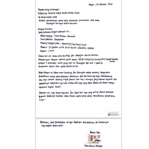 Surat Laura Meizani Ini surat Luara Meizani yang minta agar polisi tidak menahan Nikita Mirzani. (Foto: Instagram)