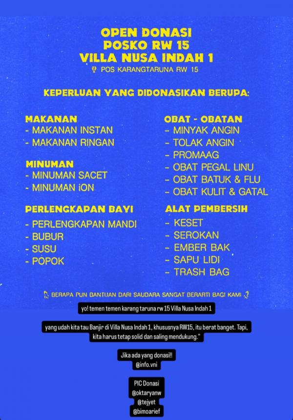 Open donasi Ello Ajakan berdonasi dari Ello untuk korban banjir di Villa Nusa Indah 1. (Foto: Instagram)