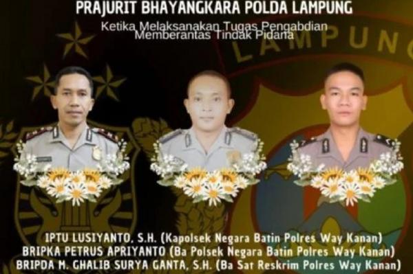 Ketiga anggota Polri yang gugur saat menggerebek sabung ayam di Way Kanan, Lampung. (Foto: Ist)