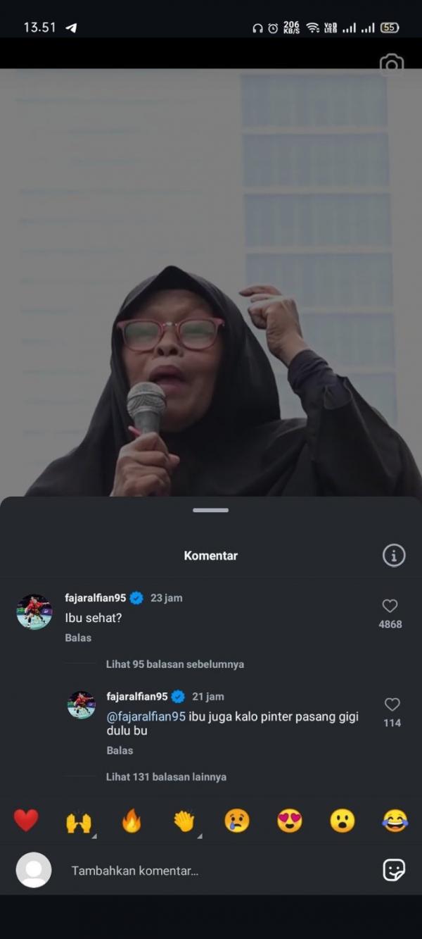 Tangkapan layar komentar Fajar Alfian di Instagram. (Foto: X)
