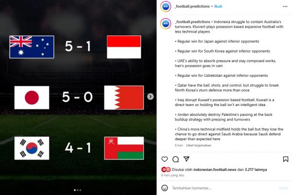 Akun Instagram @_football.predictions telah memprediksi Timnas Indonesia dibantai Australia sehari sebelum pertandingan, Rabu (19/3/2025). (Foto: @_football.predictions)