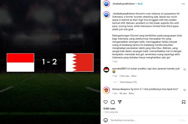 Timnas Indonesia kembali diprediksi kalah dari Bahrain. (Foto: Akun Instagram @_football.predictions telah memprediksi Timnas Indonesia dibantai Australia sehari sebelum pertandingan, Rabu (19/3/2025). (Foto: @_football.predictions)