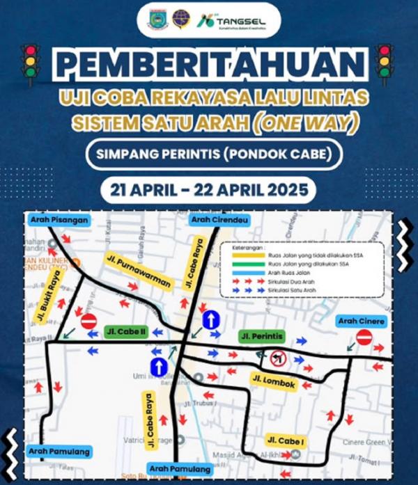 Uji coba sistem rekayasa lalu lintas satu arah Uji coba sistem rekayasa lalu lintas satu arah atau one way di kawasan Pondok Cabe (dok. Dishub Tangsel)