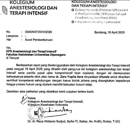 Surat lulus uji komprehensif tersangka kasus bullying PPDS Undip Ketua Kolegium Anestesiologi dan Terapi Intensif Kolegium Kesehatan Indonesia Dr Reza Widianto. (Foto: ist)