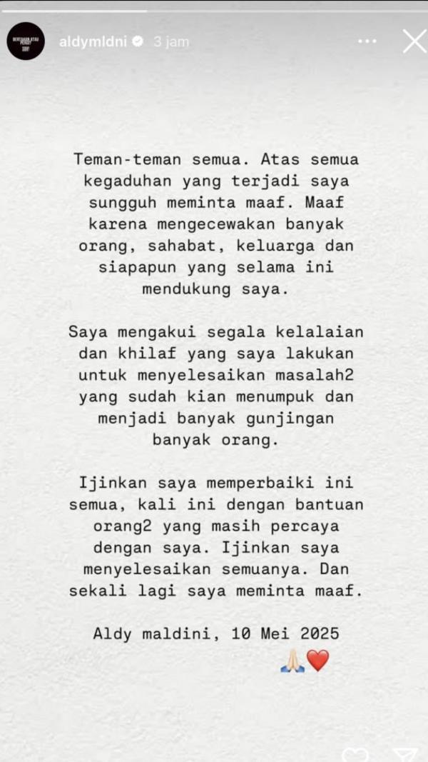 Permintaan Maaf Aldy Maldini di Instagram. (Foto: Instagram)