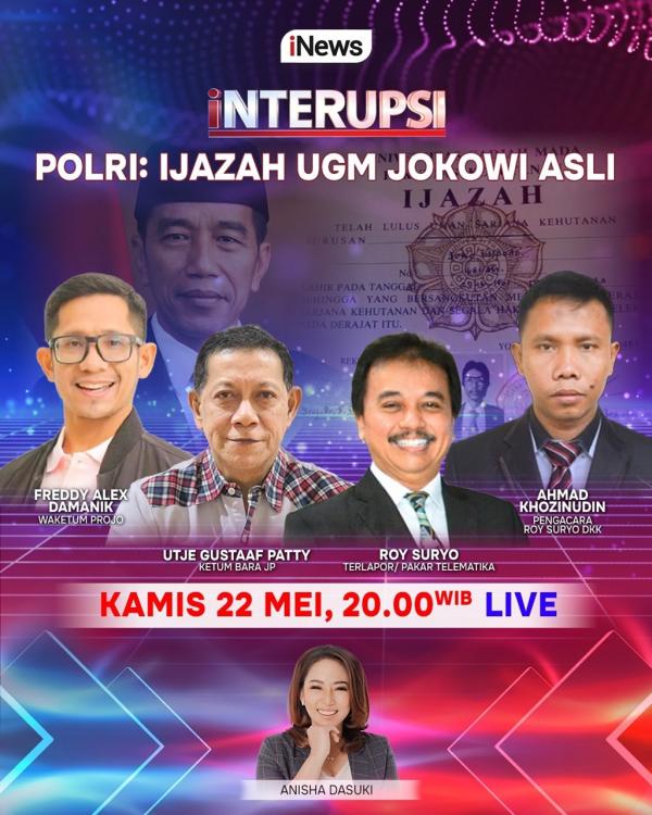 Interupsi Malam Ini Interupsi malam ini membahas ijazah UGM Jokowi yang dipastikan asli oleh Bareskrim Polri. (Foto: iNews)