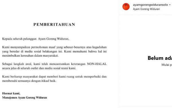 Manajemen Ayam Goreng WIduran memosting pembeitahuan tidak halal. (Foto: Instagram)