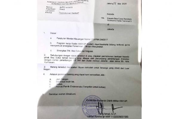 Kodam Jaya memastikan surat Dandim 0501 kepada Bea Cukai Bandara Soetta tidak digunakan untuk menghindari kewajiban kepabeanan. (Foto: Istimewa)