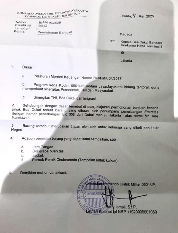 Surat Dandim Jakpus ke Bea Cukai Bandara Soetta Surat yang ditandatangani Komandan Kodim (Dandim) 0501/JP, Letkol Inf Harry Ismail kepada Kepala Bea Cukai Bandara Soekarno-Hatta Terminal 3. (Foto: Istimewa)