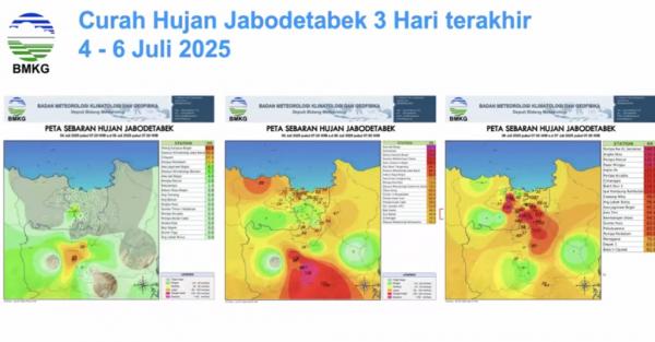 Peta Sebaran Hujan Jabodetabek Peta hujan Jabodetabek pada 4-6 Juli 2025. (Foto: BMKG)