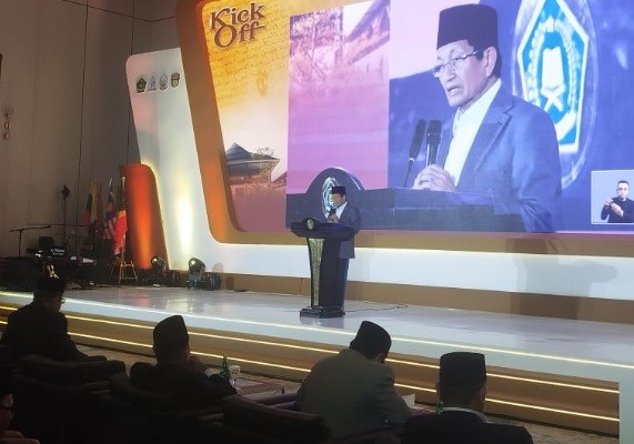 Menag Buka MQK Menteri Agama Nasaruddin Umat saat meluncurkan Musabaqah Qira'atil Kutub (MQK) tingkat internasional di Jakarta, Selasa (8/7/2025). (Foto: iNews)